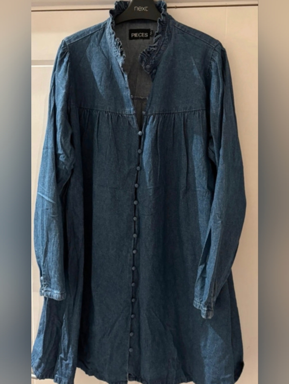 PIECES Indigo Denim Button-Front Long Sleeve Dress